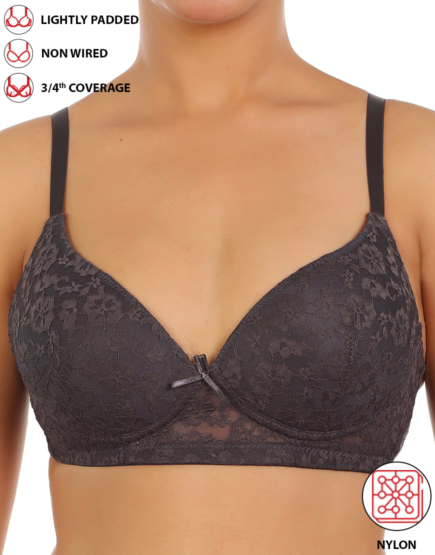 LOSHA LIGHTLY PADDED WIRE-FREE 3/4TH COVERAGE ALL OVER LACE BRA- FORGGED IRON