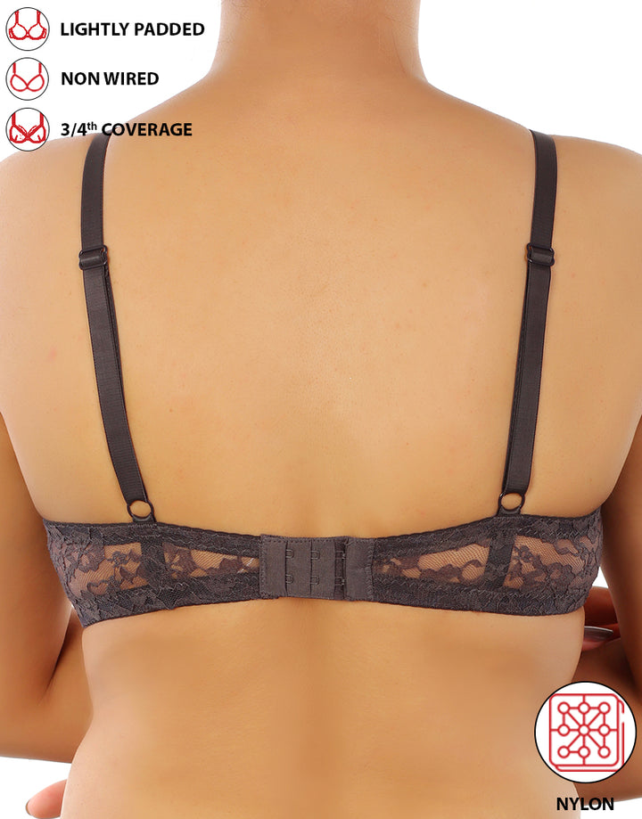 LOSHA LIGHTLY PADDED WIRE-FREE 3/4TH COVERAGE ALL OVER LACE BRA- FORGGED IRON