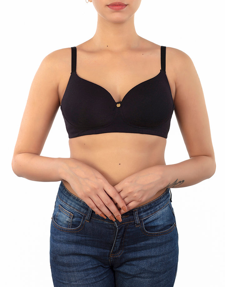 LOSHA SIDE SMOOTHING BIO WASHED ANTI BACTERIAL COTTON WIRELESS T-SHIRT BRA-BLACK