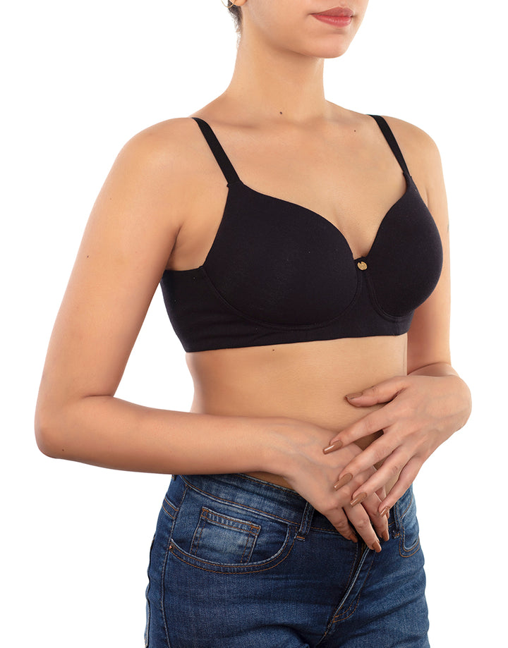 SIDE SMOOTHING BIO WASHED ANTI BACTERIAL COTTON WIRELESS T-SHIRT BRA-BLACK