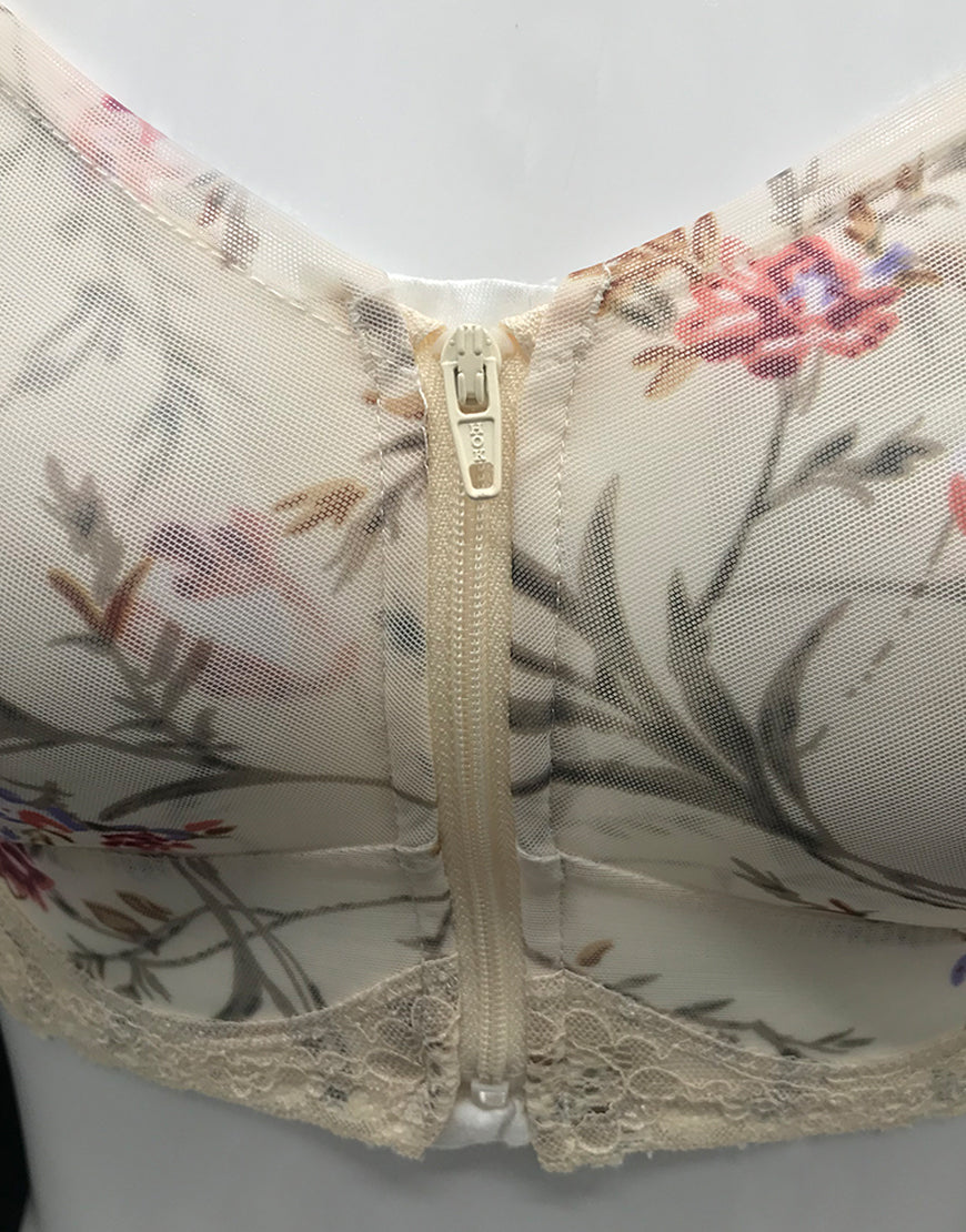 FLORAL PRINT FRONT ZIPPER POST SURGICAL BRA WITH POCKETS