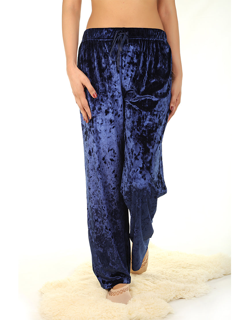 TAHARI CRUSHED VELVET WIDE LEG PAJAMA PANTS-BLUE