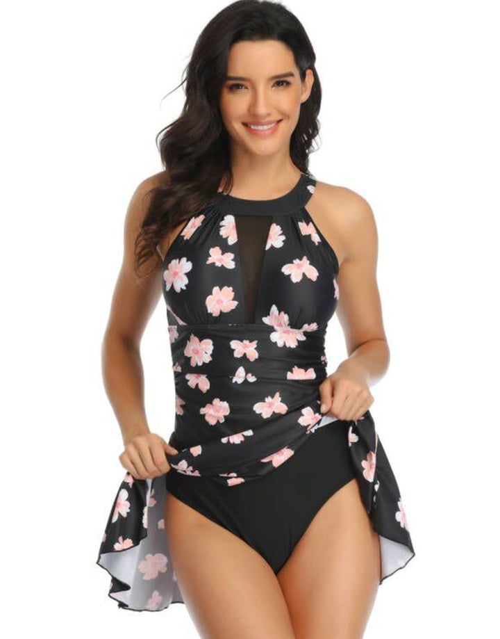 SWIM DRESS WITH TUMMY CONTROL & REMOVABLE PADS -BLACK PRINT